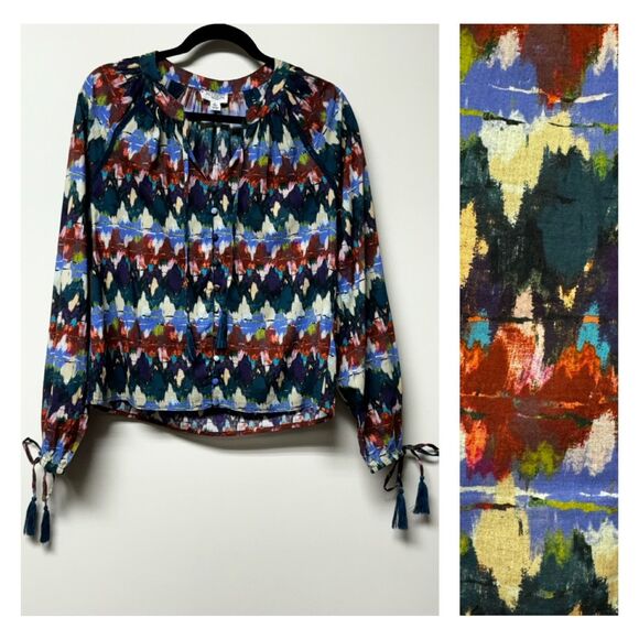 ALLISON NEW YORK Multi Zig Zag Print Brielle Boho Tassel Tie Peasant Top, Sz M - Picture 2 of 15